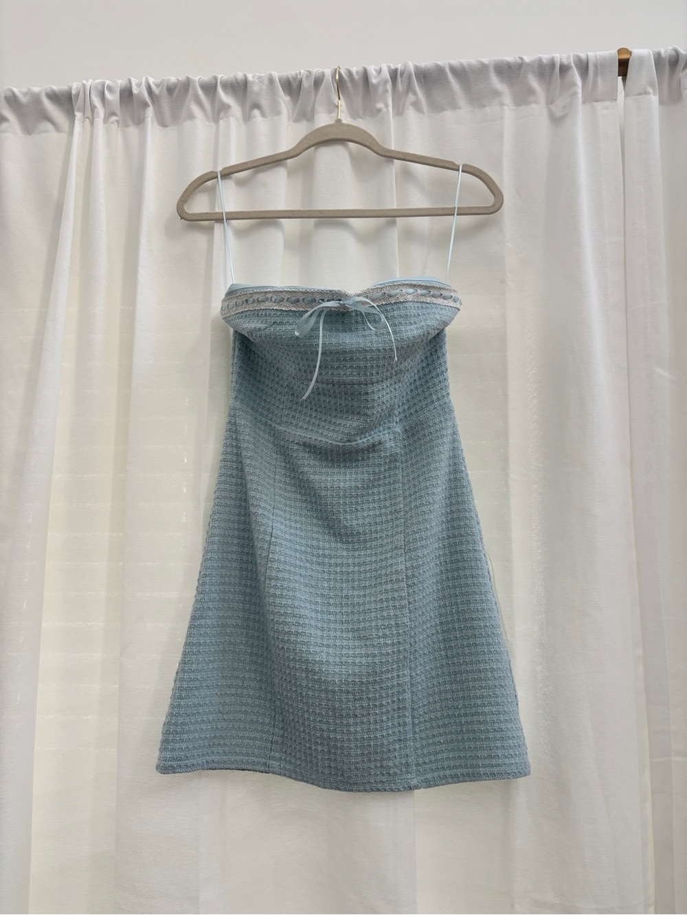 Altar'd State Dusty Blue Strapless Textured Mini Dress